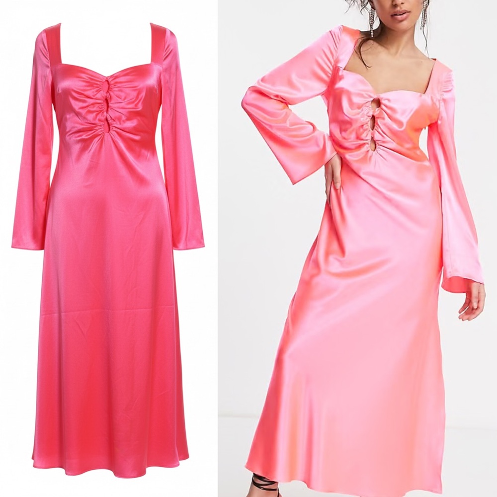 ASOS Cutout Satin Midi Tea Dress in Hot Pink Size 4